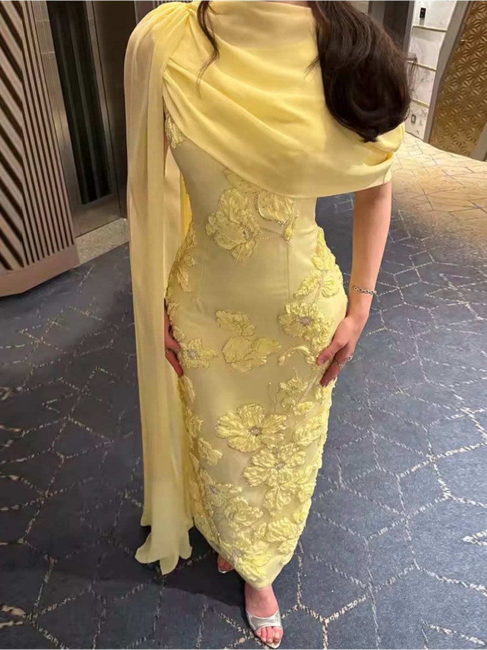 Elegant Yellow Maxi Dress with Draped Shawl